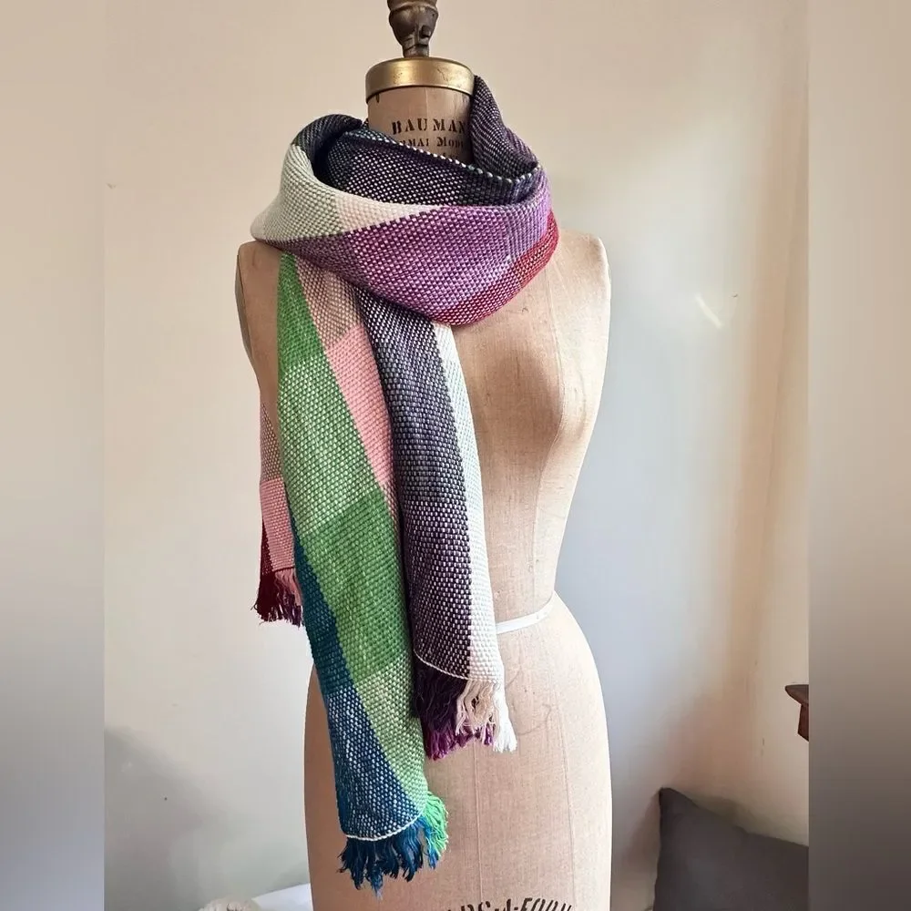 Vintage Multicolored Checked hand woven Silk blend Shawl, Scarf, wrap,